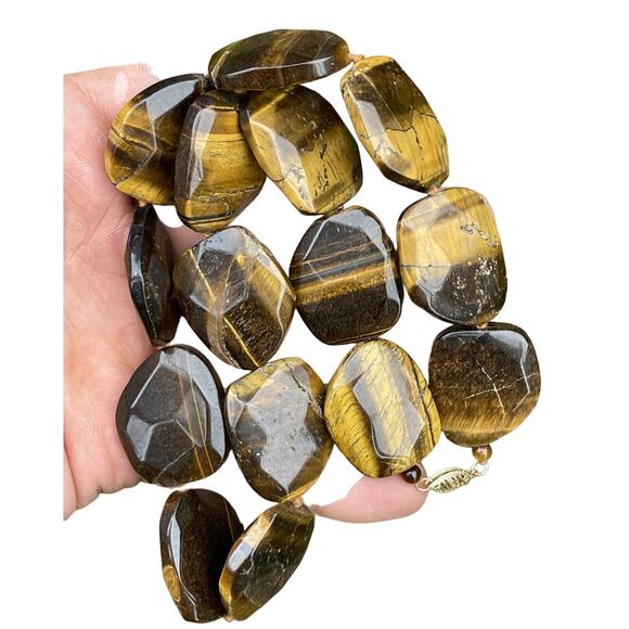 GSJ Signed 14k Gold Tigers Eye Necklace Chunk Stone Heavy Statement 18” Strand - Picture 2 of 9